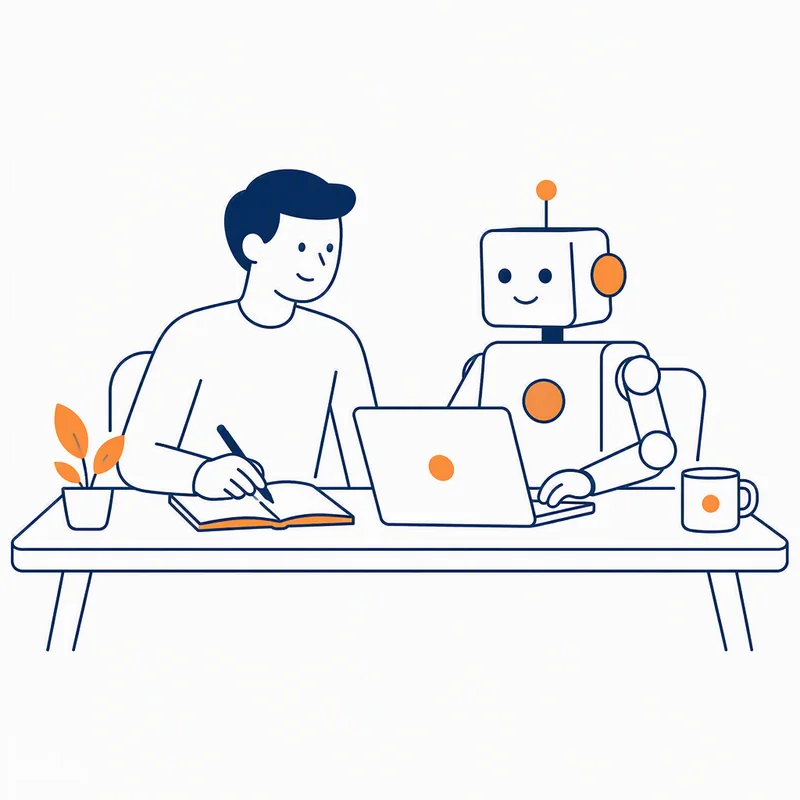 Line illustration of a person and a robot working side by side at one desk