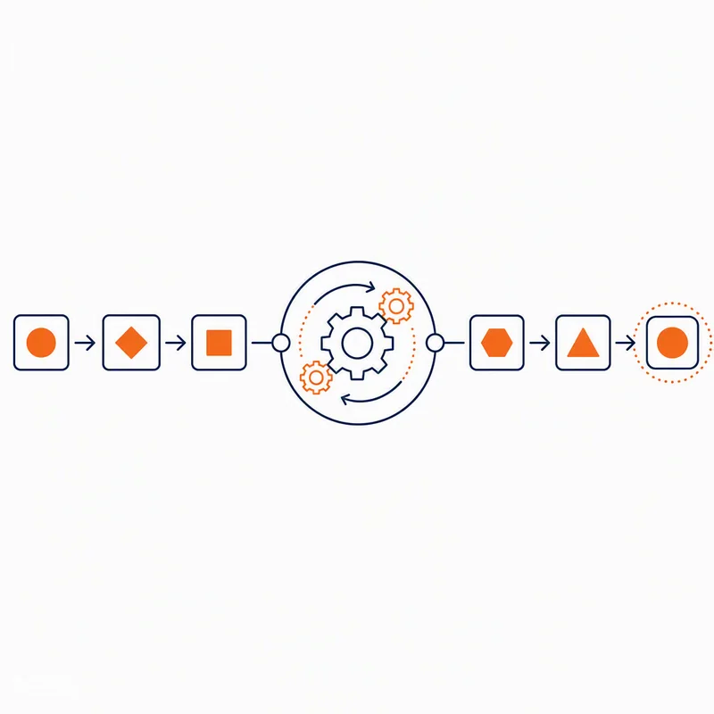 Line illustration of task blocks flowing through a gear mechanism