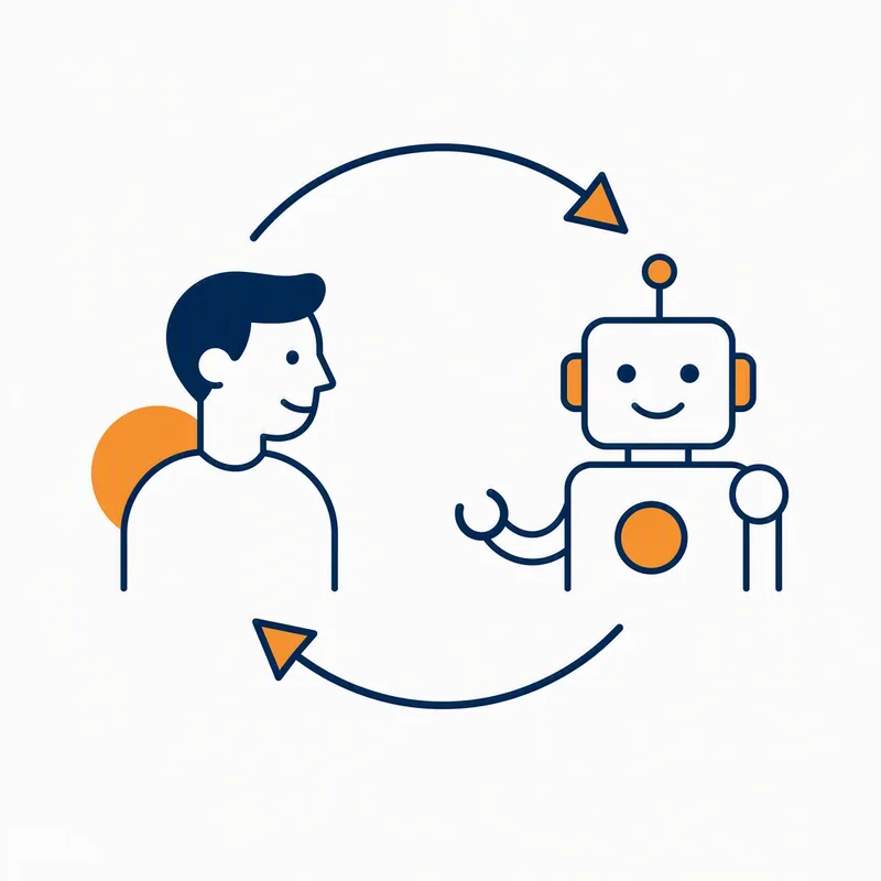 Line illustration of a human and a robot exchanging arrows in a circular loop