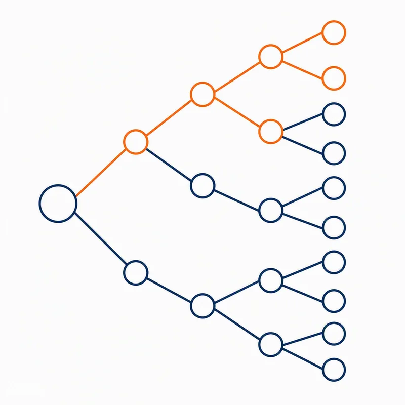 Line illustration of a branching decision tree with one path highlighted in orange