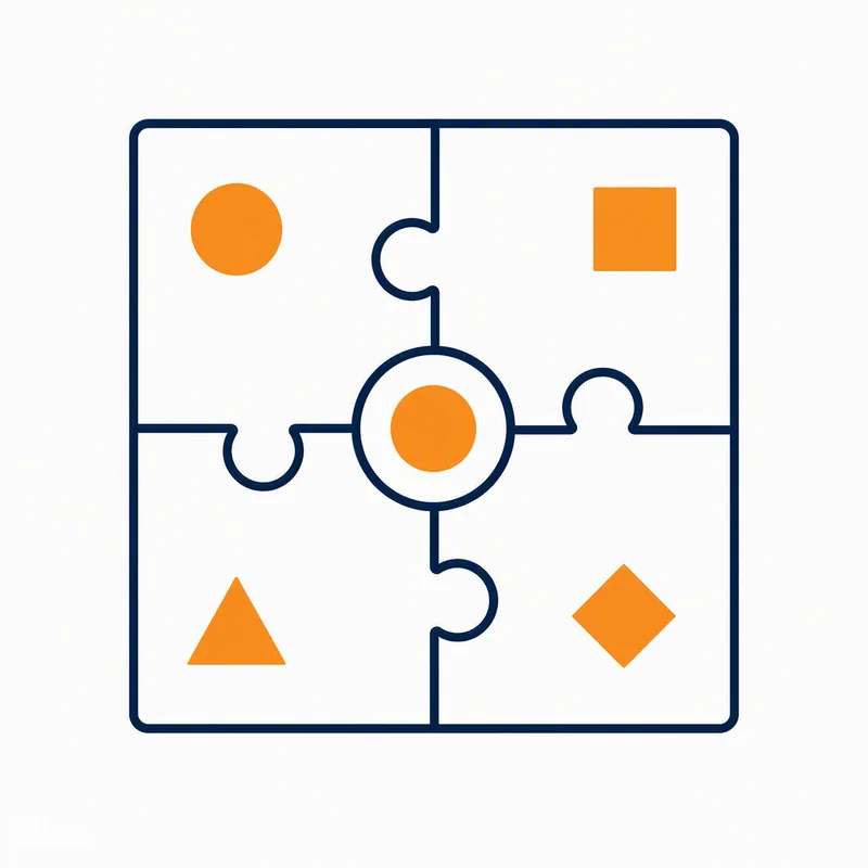 Line illustration of four puzzle pieces connecting into one square
