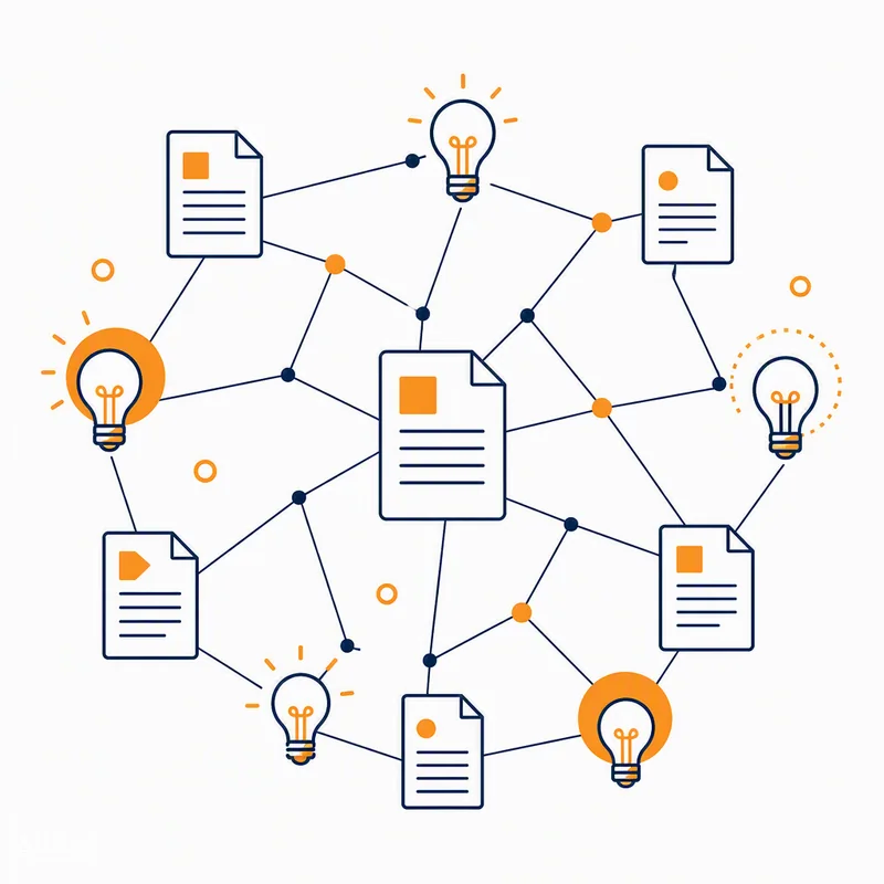 Line illustration of documents and lightbulbs connected in a shared knowledge network