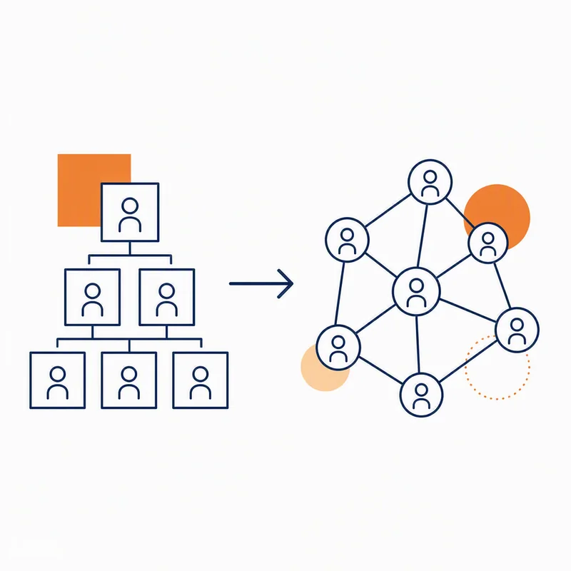 Line illustration of a hierarchy diagram transforming into a connected network
